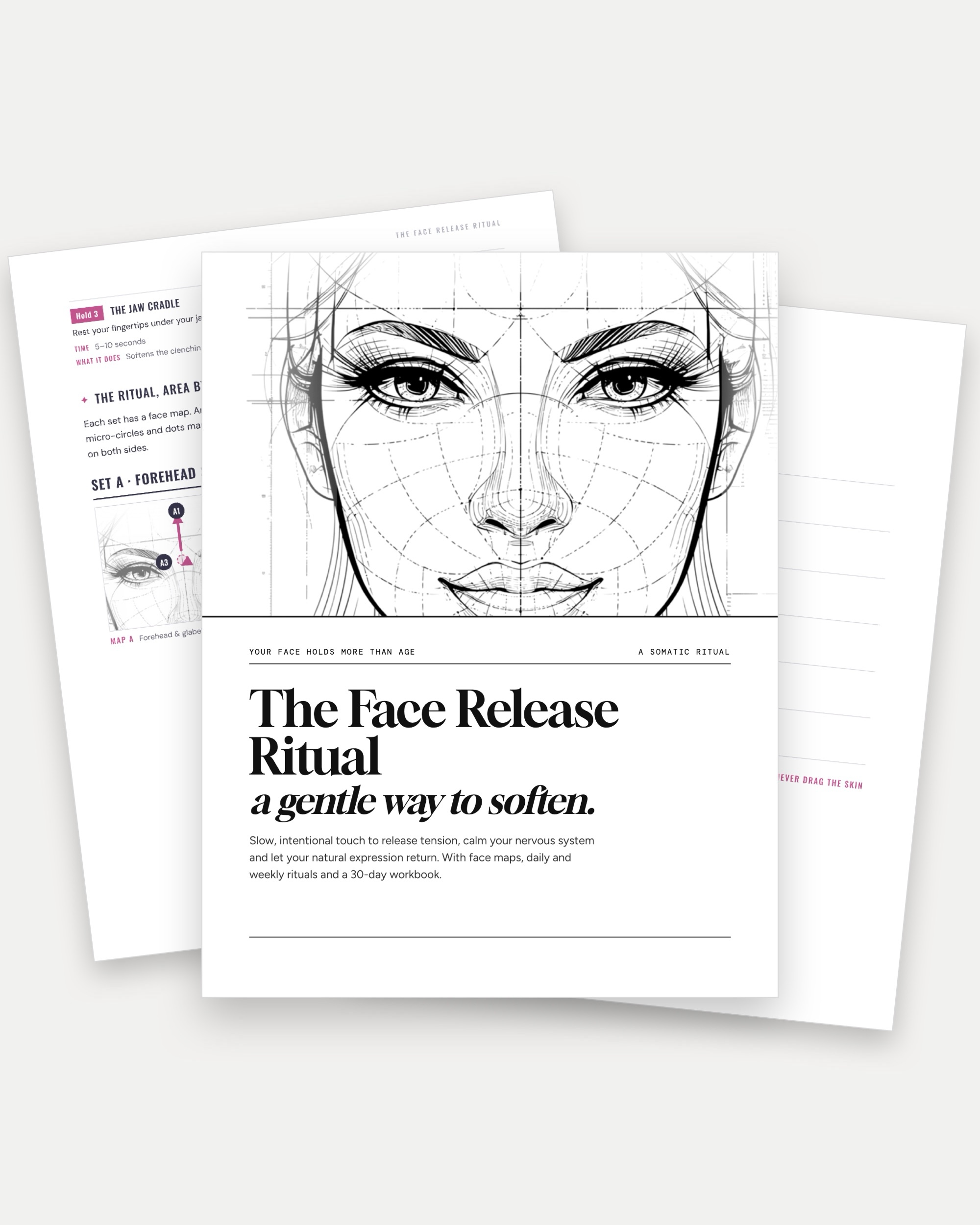 The Face Release Ritual ebook: cover and interior pages with face maps