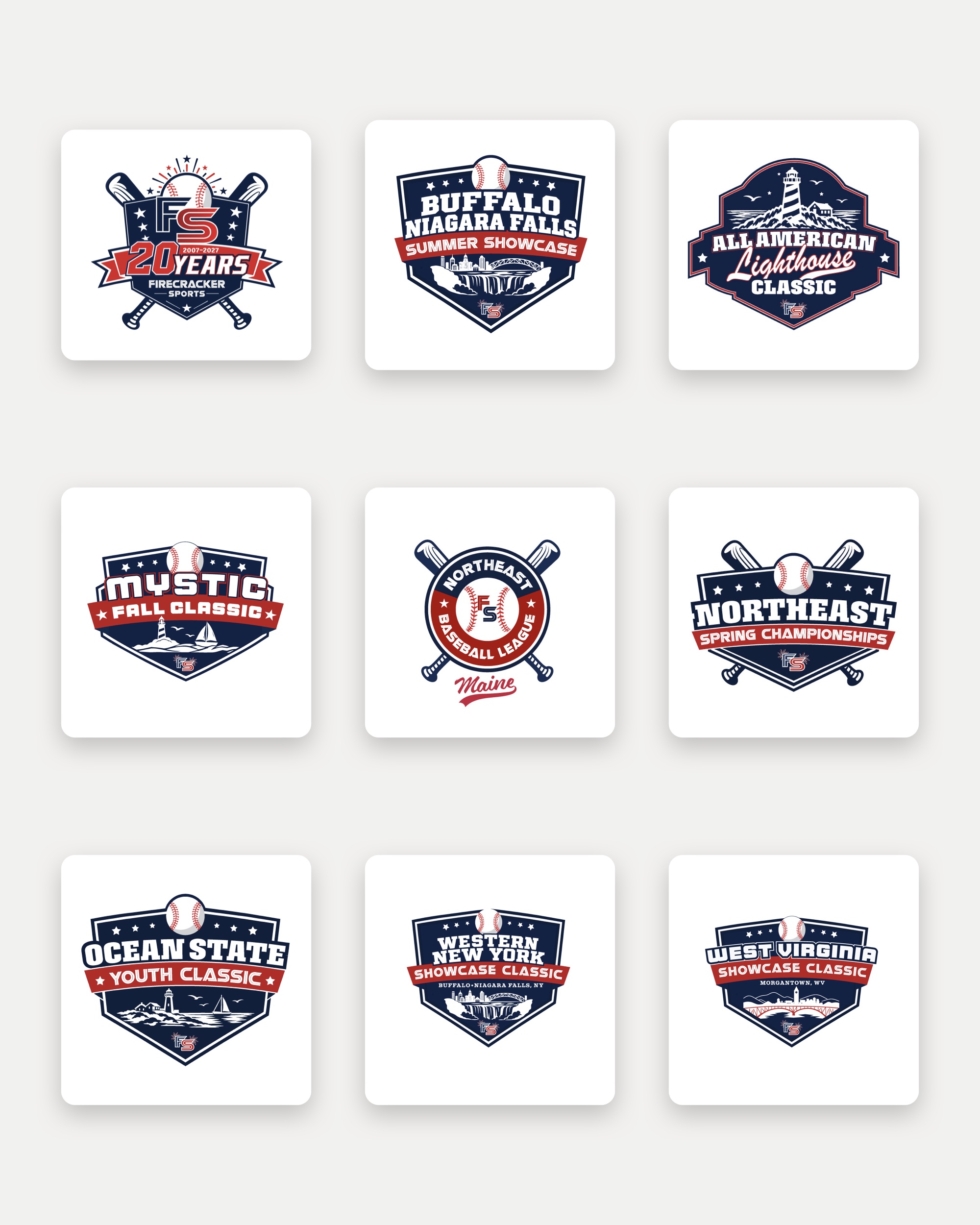 Nine tournament and league logos designed for Firecracker Sports
