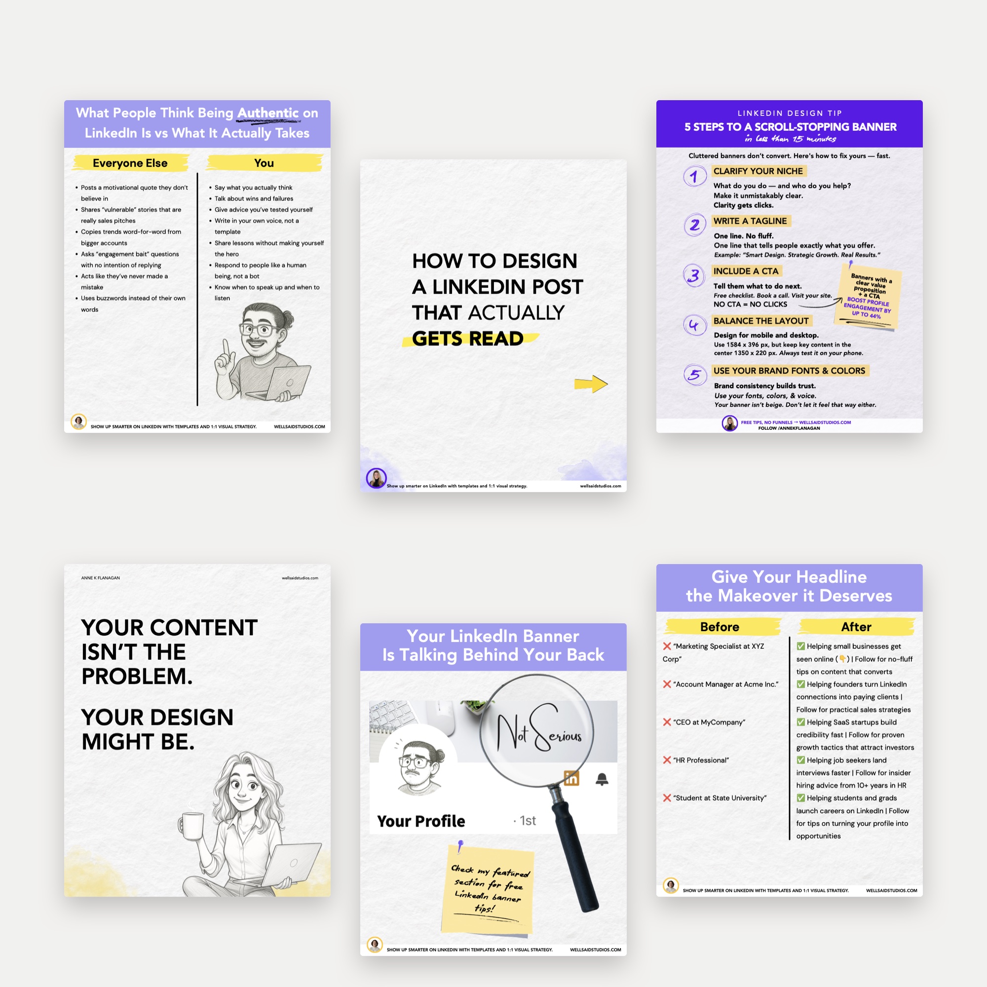 LinkedIn carousel slides designed for Well Said Studios
