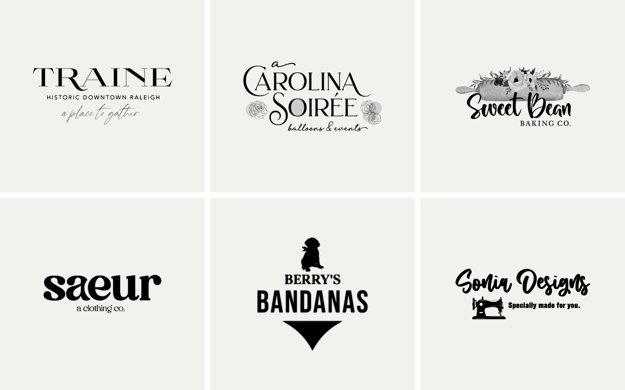 Logo designs for Traine, A Carolina Soirée, Sweet Bean Baking Co., Saeur, Berry's Bandanas and Sonia Designs