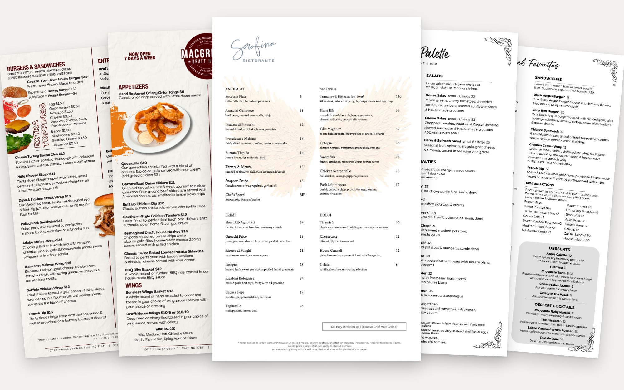 Restaurant menus designed for MacGregor Draft House, Serafina Ristorante and Chef's Palette