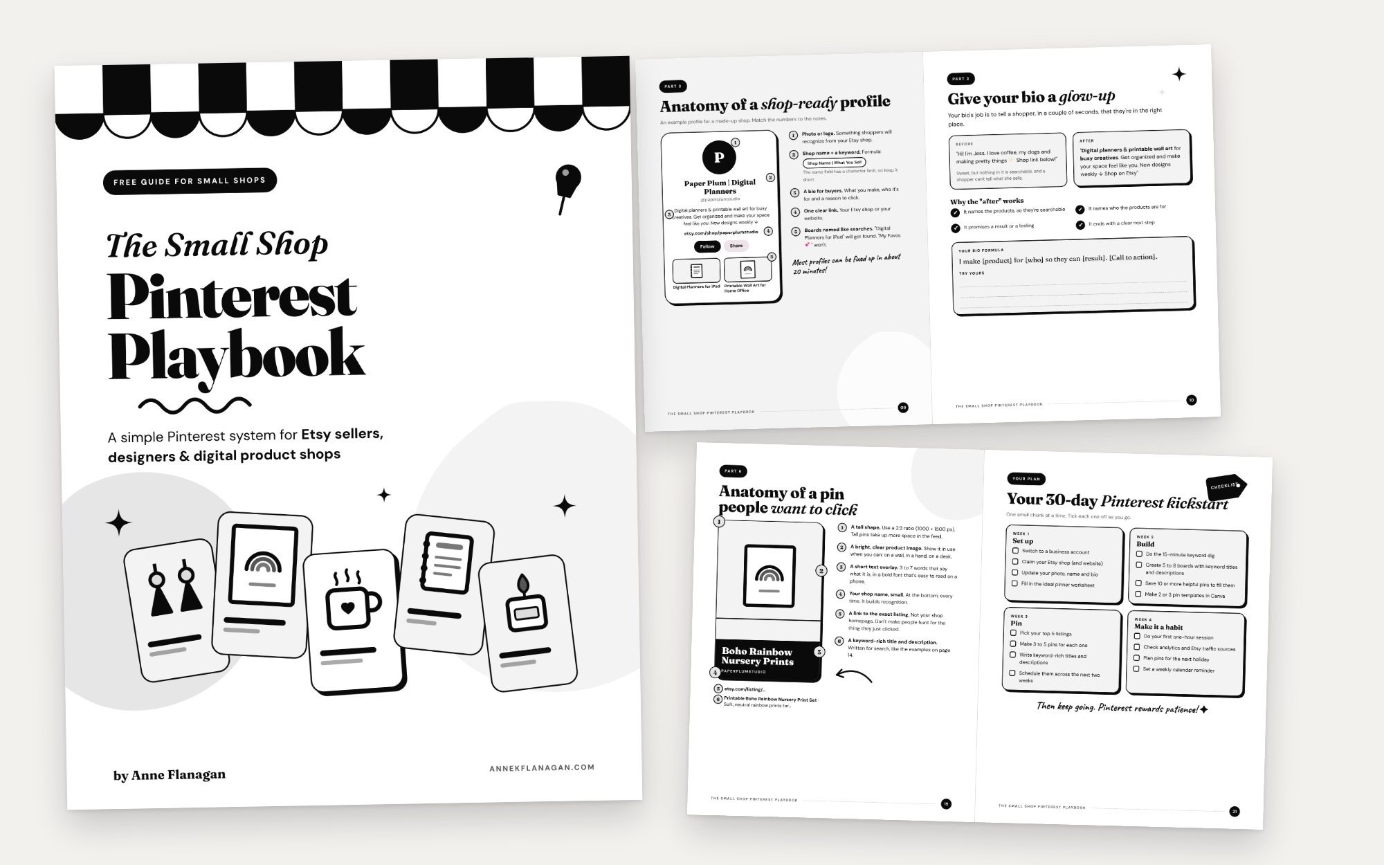 The Small Shop Pinterest Playbook: cover, interior spreads and the 30-day worksheet