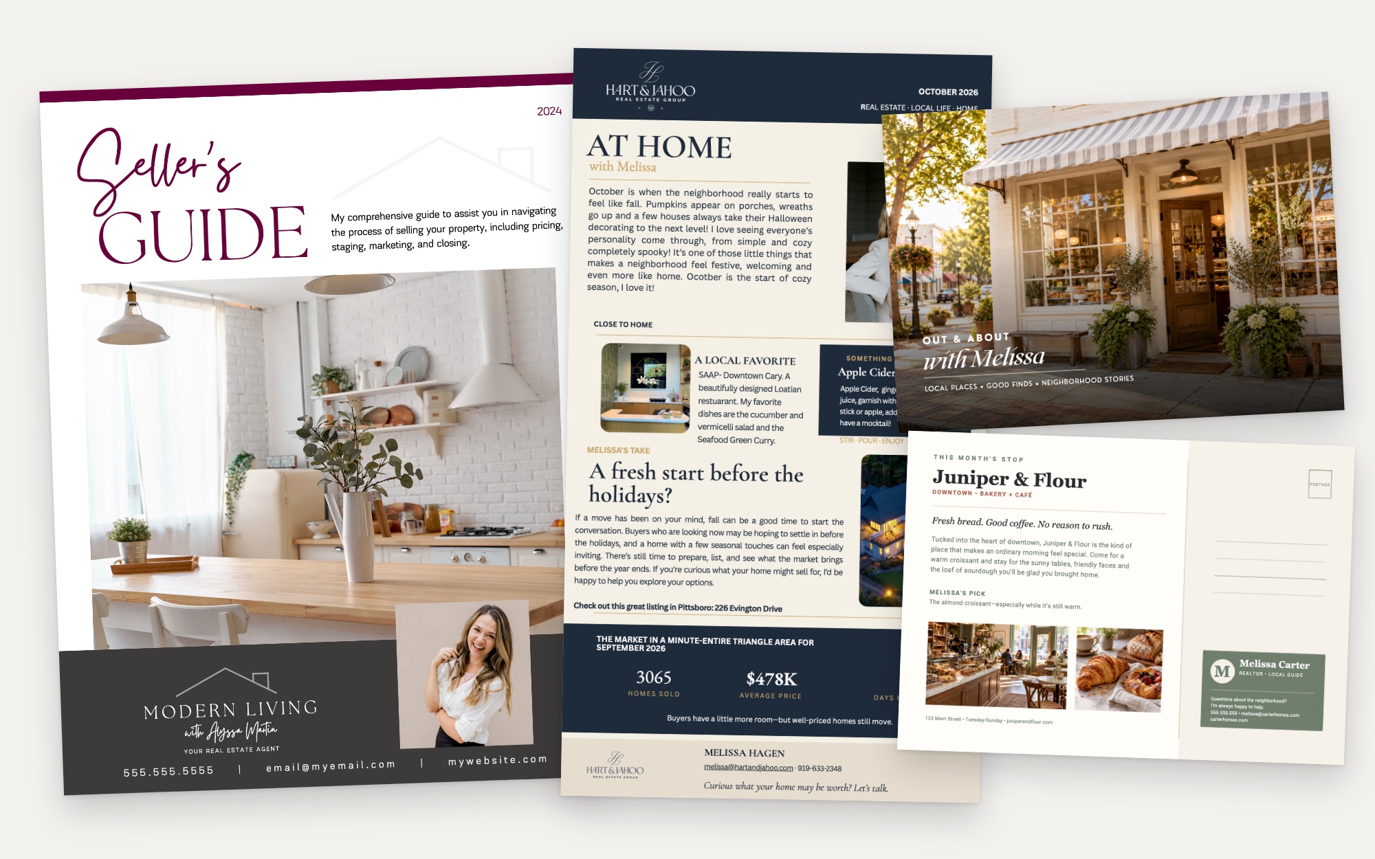Real estate marketing: a seller's guide template, a monthly agent newsletter and a neighborhood postcard