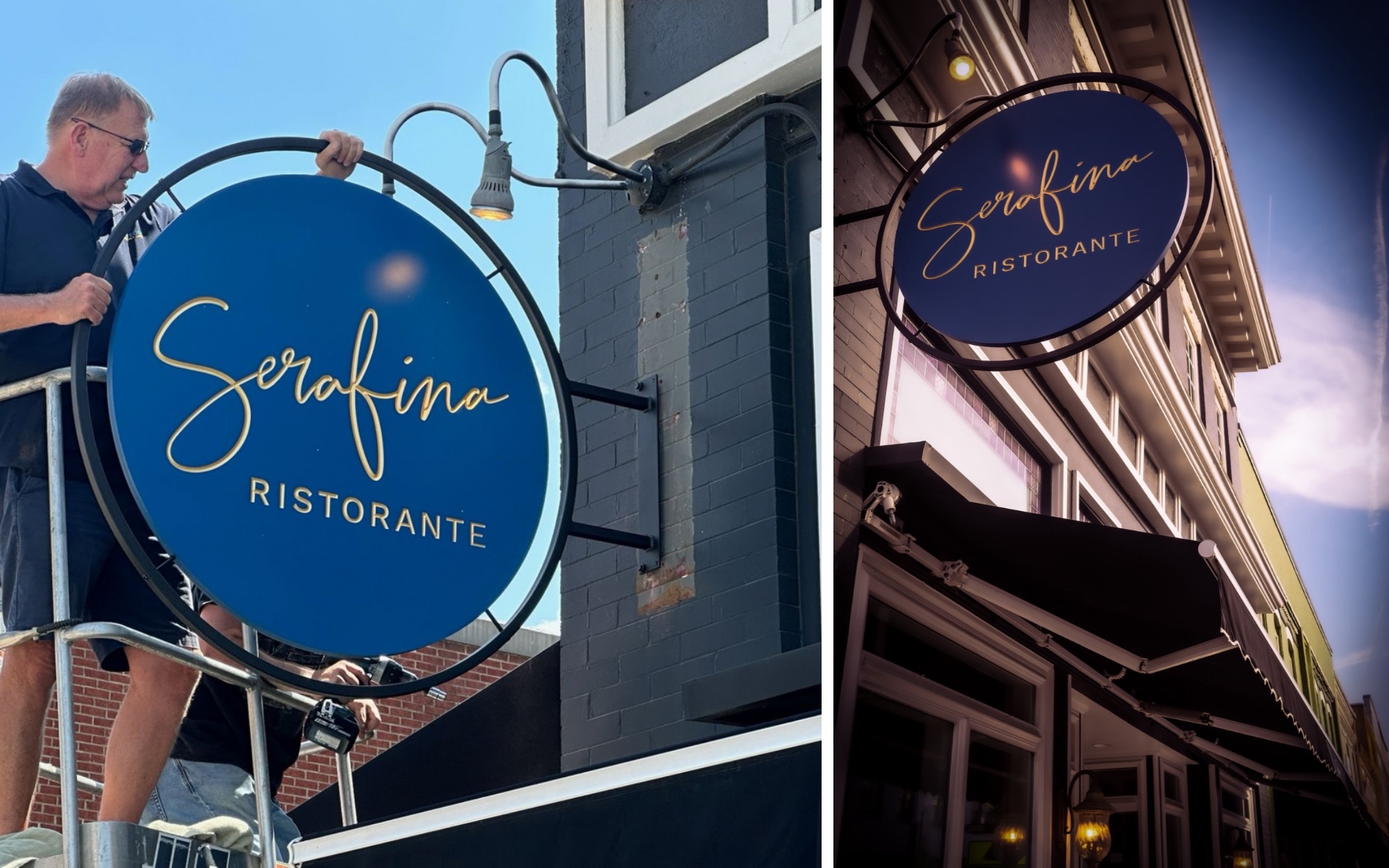 The Serafina Ristorante sign being installed, and the finished sign hanging outside the restaurant in downtown Apex, North Carolina