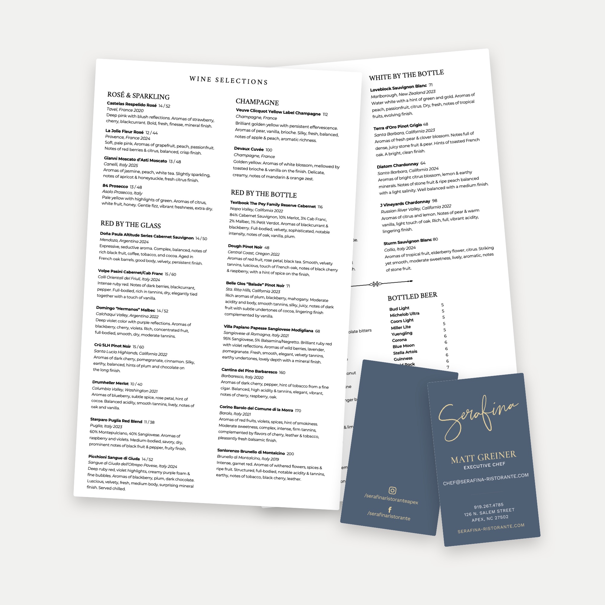 Restaurant wine list and Serafina business cards
